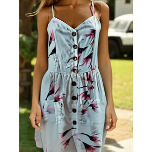 Women's Floral Print Dress Medium White/Pink Pockets V-Neck Babydoll Cottagecore